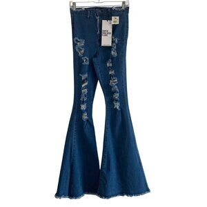 Almost Famous Flare Dark Wash Jeans Sz 7 – Distressed High Rise Bell Bottom NWT